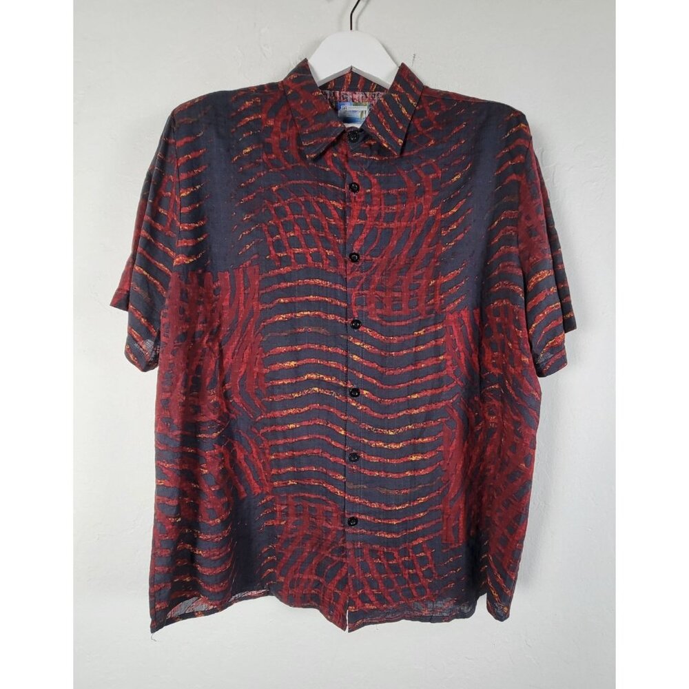 Georg Roth Men Red Navy Abstract Print Short Sleeve Button-Up Shirt Large Casual